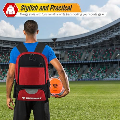 Vizari Soccer Backpack Soccer Bag | Water resistant Durable Equipment Bag for Football, Basketball, Volleyball | Cleats and Ball Compartment - Red,Blue,Pink,Black - color: Black/Red
