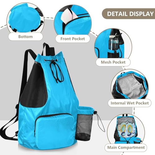 Yuiboo Deep Sky Blue Drawstring Backpack Sports Bag with Water Bottle Holder Cinch Bags Waterproof