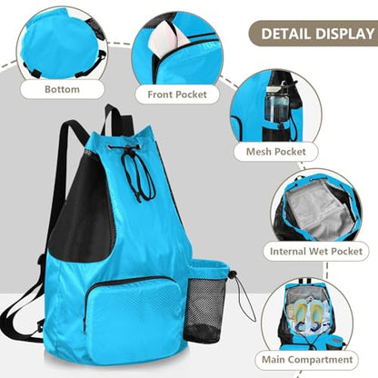 Yuiboo Deep Sky Blue Drawstring Backpack Sports Bag with Water Bottle Holder Cinch Bags Waterproof