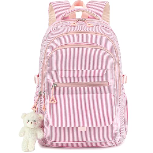 PRLINJSK Girls Backpack for College High Middle School Student, Cute Aesthetic Bookbag for Teens Women with Accessories - color: Seersucker Pink, size: 17.5 Inch