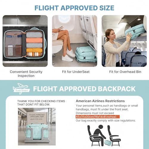 Travel Backpack for Women, PU Leather Carry On Backpack Flight Approved with Laptop Compartment, 40L Expandable Personal Item Travel Bag for Traveling Weekender Business (Light Blue) - color: Light Blue
