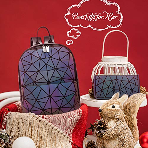 LOVEVOOK Geometric Luminous Purses and Handbags for Women Holographic Reflective Crossbody Bag Wallet - color: Mini Backpack + Zipper Wallet