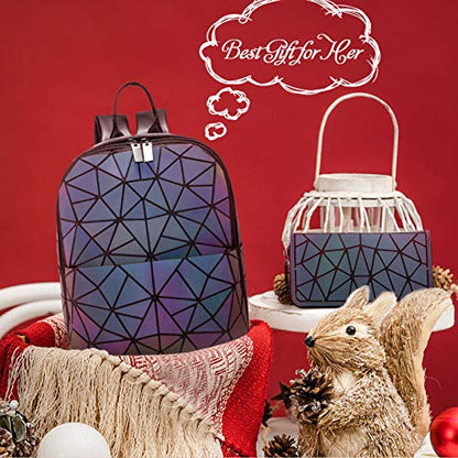 LOVEVOOK Geometric Luminous Purses and Handbags for Women Holographic Reflective Crossbody Bag Wallet - color: Mini Backpack + Zipper Wallet