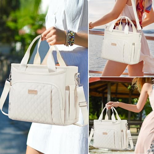 AIJIEKE Large Insulated Lunch Bag for Men Women, Leakproof Work Lunch Box | Keeps food fresh 8-12 hours. Spacious multi-pocket design with a removable strap. Water-resistant and easy-wipe interior - color: Beige