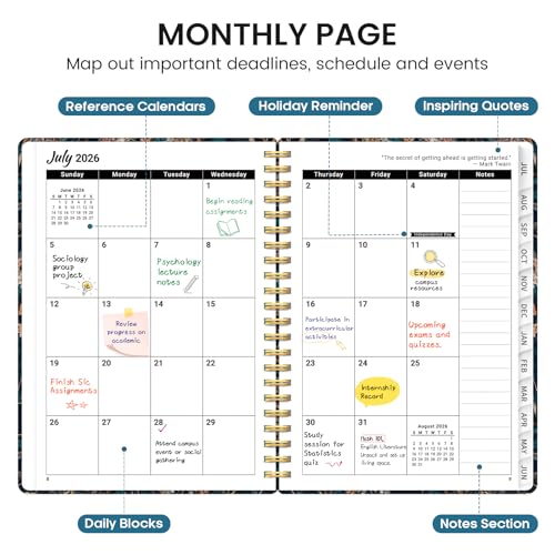 Planner 2026-2027, Academic Monthly and Weekly Calendar Planner for Women, July 2026 - June 2027, Hardcover Pretty Agenda Planner Book with Tabs, Spiral Daily Organizer for School Office Home Supplies, 6.3" x 8.5" - Royal Flowers - color: B-Royal Flowers,