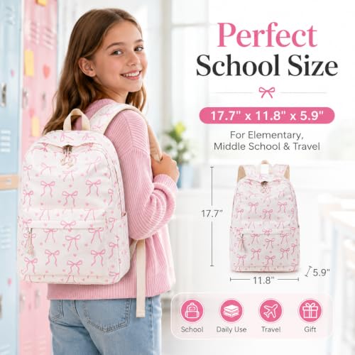 LOIDOU Girls Backpack for Kids Cute School Bookbag - color: Bow Tie Beige Set, size: L-17"