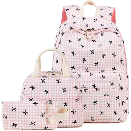 LEDAOU Backpack for Girls School Bag Kids Bookbag Teen Backpack Set Daypack with Lunch Bag and Pencil Case | Kids - color: B -Pink Checkered Bowtie -6