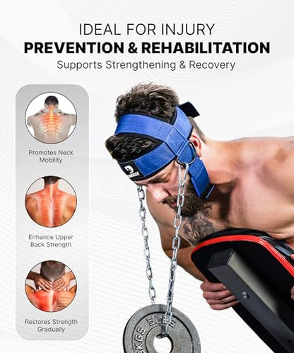 DMoose Fitness Neck Harness for Weight Lifting - Soft Padded Head & Chin Strap with 30" Heavy Duty Steel Chain - Neck Exerciser, Trainer & Strengthener to Support Injury Recovery and Intense Workouts - color: Blue