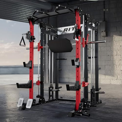 RitFit Buffalo Smith Machine, Power cage with LAT-Pull Down System & Cable Crossover System, All-in-One Squat Rack for Home Gym, Power Rack - color: RED, size: Buffalo