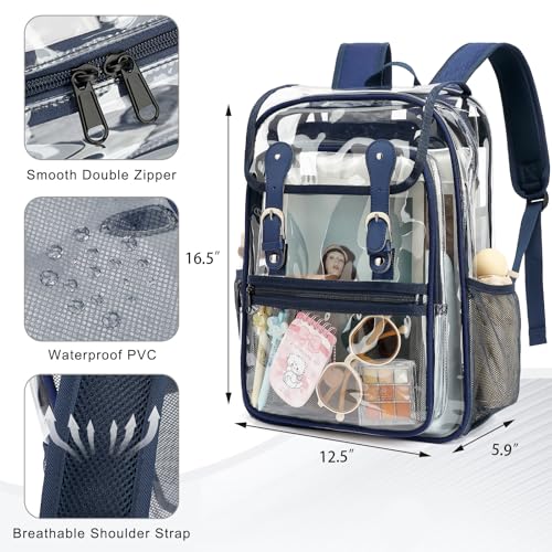 Heavy Duty Clear Backpack Stadium Approved Transparent Backpacks for School College Festival Work Travel (Navy Blue) - color: Navy Blue
