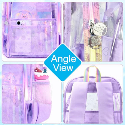 gxtvo 3PCS See Through Backpack Heavy-Duty Set for Women & Teen Girls, 17" Purple Clear Bookbag with Rainbow Strap, Cute Differentiation Love Transparent School Bag - color: Purple Love Clear Backpack Set