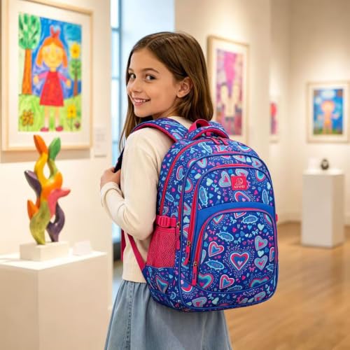 MYGOO Girls School Backpack Grove Heart Blue Bookbag for Elementary Middle School Ages 5-12, 17 inch Large Capacity 24L Kids Student Travel Bags - color: Grove Heart Blue