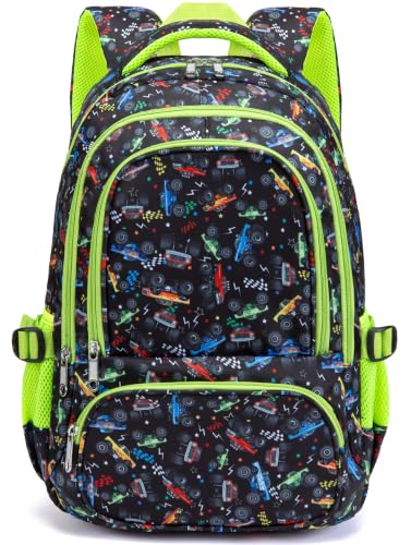 BLUEFAIRY Kids Backpacks for Boys Girls Ages 6-8 8-10 10-12 Elementary Middle School Backpack 17 Inch Back to School Bookbag with Laptop Compartment Mochilas Escolares para Niños Niñas (Green Car) - color: Green Car