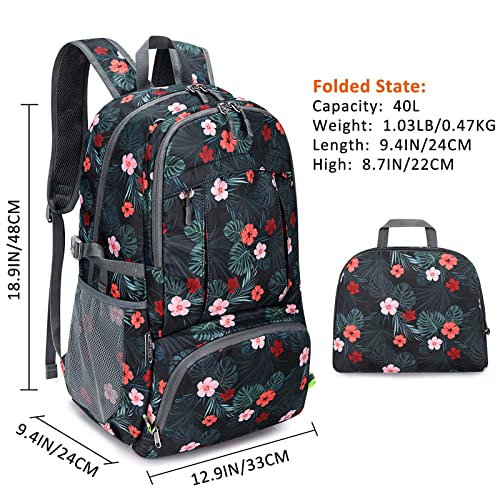 G4Free 40L Lightweight Packable Hiking Backpack, Waterproof Travel Daypack - color: Black Base Floral