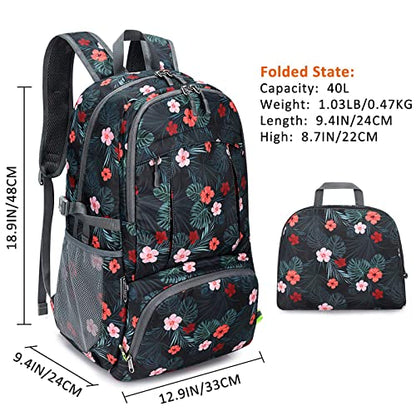 G4Free 40L Lightweight Packable Hiking Backpack, Waterproof Travel Daypack - color: Black Base Floral