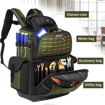 BLISSWILL Tool Bag Backpack for men,Heavy Duty Tool Backpack Bag with Waterproof Molded Base，62 Pockets/40 Loops Heavy Duty Tools Organizer Bags/Electrician/Industrial/Construction Work Backpack - color: Army green