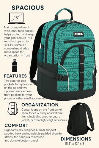 FUEL Hiking Laptop Backpack, College Bookbag, Travel Daypack with 5 Compartments, Dynamo Tech Pocket, 18.5 Inches - color: Festive Aztec