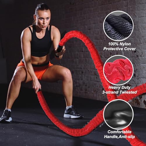 Battle Rope 1/1.26/1.5/2 Inch Diameter,Pink 30FT/40FT/50FT Exercise Workout Ropes for Home Gym Heavy Weighted Training Rope for Working Out - style: 1.5 inch 30ft-Red