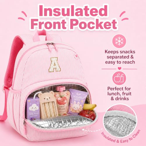 BTOOP Kids Backpack for Girls 3-6, Preschool Kindergarten Backpack with Insulated Lunch Compartment & Chest Strap, Cute Lightweight School Travel Bag Fits A4 Folder - color: Pink Stripes-15'', size: Age 3-6 (14.5" H Fit Folder)