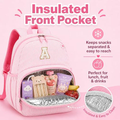 BTOOP Kids Backpack for Girls 3-6, Preschool Kindergarten Backpack with Insulated Lunch Compartment & Chest Strap, Cute Lightweight School Travel Bag Fits A4 Folder - color: Pink Stripes-15'', size: Age 3-6 (14.5" H Fit Folder)