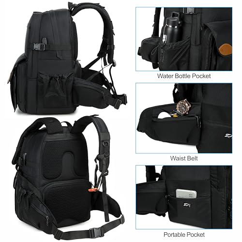 Padwa Lifestyle Black Professional Camera Backpack - Large Capacity Nylon Photography Camera Bag with Thick Padded Comfort Strap and Wide Waist, Versatile Photographer,Multi Cameras,Lensas,a Laptop - color: Black