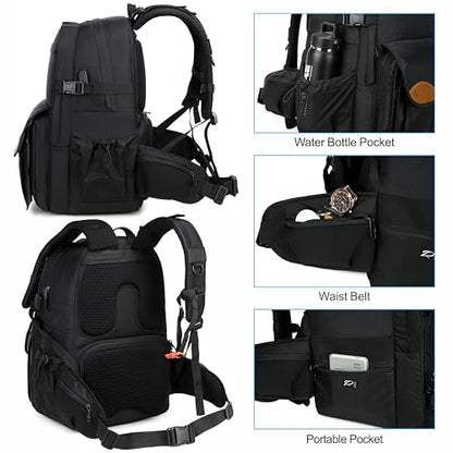 Padwa Lifestyle Black Professional Camera Backpack - Large Capacity Nylon Photography Camera Bag with Thick Padded Comfort Strap and Wide Waist, Versatile Photographer,Multi Cameras,Lensas,a Laptop - color: Black