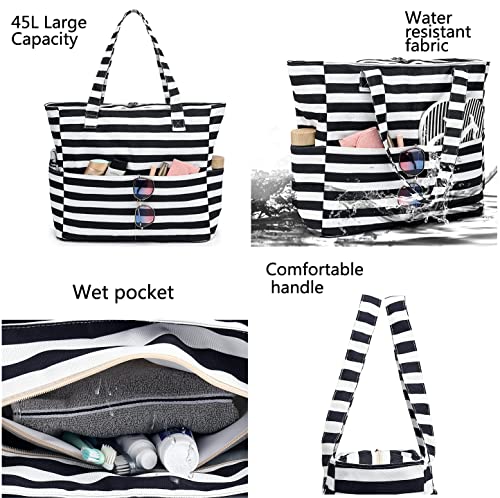 LEDAOU Beach Bag Waterproof Sandproof Women Beach Tote Pool Bag with Zipper for Swim Gym Grocery Travel with Wet Pocket | Sandproof - color: Black White Stripe
