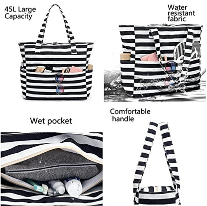 LEDAOU Beach Bag Waterproof Sandproof Women Beach Tote Pool Bag with Zipper for Swim Gym Grocery Travel with Wet Pocket | Sandproof - color: Black White Stripe