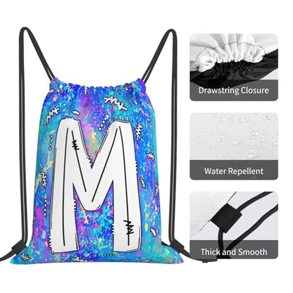 Drawstring Backpack Bag Sport Gym Sackpack Initial Blue Draw String Cinch Bags Bulk String Backpack Storage Bag for Women Men Letters M - color: Letters M