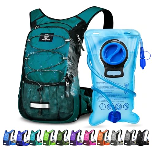 Mothybot Insulated Hydration Backpack Pack with 3L BPA Free Leak Proof Water Bladder, Large Storage Lightweight Hiking Daypack with Waist Pouches & Cooler Layer, for Running, Biking, Camping, Festival - color: Matte Emerald