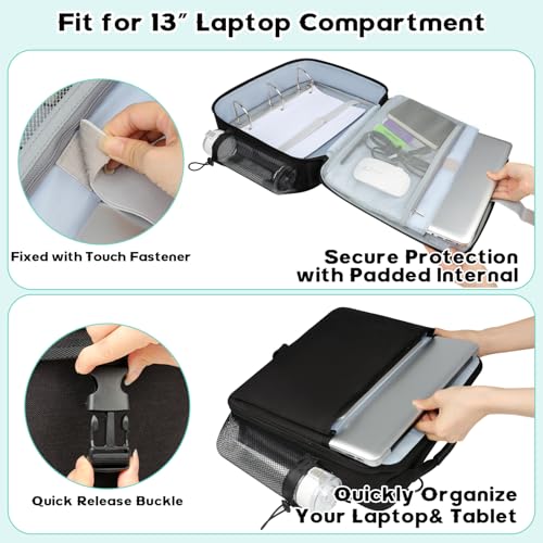 Veirdro 3 Inch D-Ring Zipper Binder Backpack for 700+ Sheets Capacity& 13 Inch Laptop Compartment, Detachable 3-Ring Zip Up Binder Bag with Backpack Straps& Water Bottle Pocket for School (Black)