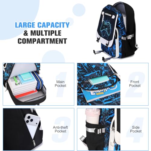 Bevalsa Backpack for Boys, Cool Luminous Boys Backpack with Sling Bag, Lunch Box & Pen Case, School Bags for Kids Children Teens Elementary Middle Schools, Bookbag Glow In The Dark (Blue Game) - color: Blue Game