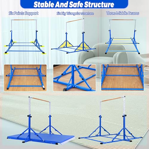 Marfula Gymnastic Bar For Kid and Teenage of 3-25, 5Ft/8 FT Base Length 4Ft Width 5Ft Adjust Height, Gymnastic Kip Bar For Gymnast, Gymnastic Training Equipment For Professional Training Home Club Use - color: Bar With Mat-Blue (5 Ft Base)