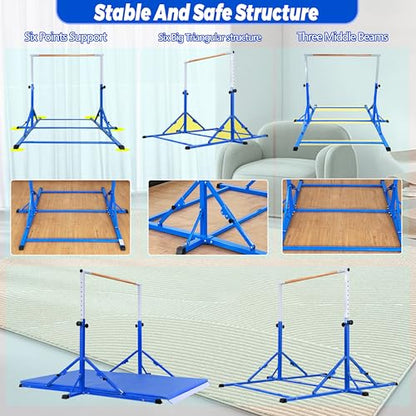 Marfula Gymnastic Bar For Kid and Teenage of 3-25, 5Ft/8 FT Base Length 4Ft Width 5Ft Adjust Height, Gymnastic Kip Bar For Gymnast, Gymnastic Training Equipment For Professional Training Home Club Use - color: Bar With Mat-Blue (5 Ft Base)