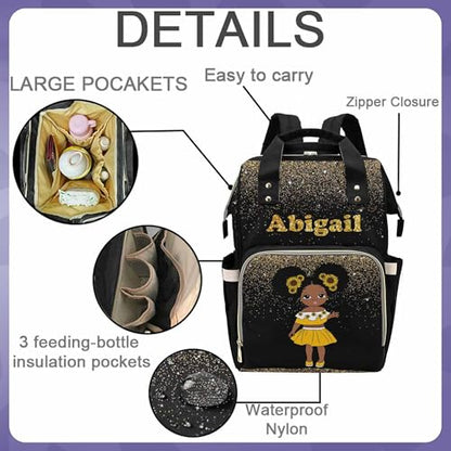 Custom Black Diaper Bag Backpack with Golden Glitter Personalized Black Women with Sunflower Nappy Bag Casual Travel Daypack Customized Newborn Gift for Women - color: 230112-6