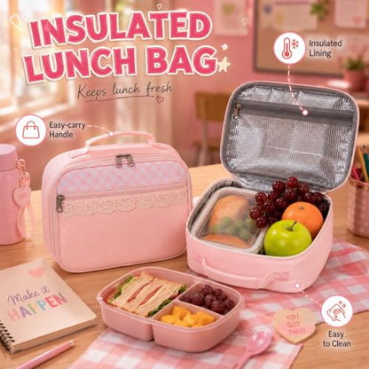 Bluboon Backpack for School Teen Girls Bookbags with Lunch Bag & Pencil Case Aesthetic Water Resistant School Bags for Kids - color: Pink Gingham