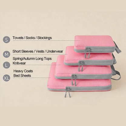 4 Pcs Compression Packing Cubes, Expandable Storage Travel Luggage Bags Organizers for Luggage & Closet Organization, Business Travel & Home Storage, Pink