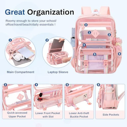 Sisipoet Clear Backpack for School, PVC Clear Bookbag Heavy Duty Transparent Backpack for Stadium Events See Through Bag - color: 1pc-pink