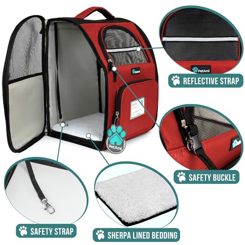PetAmi Dog Backpack Carrier for Small Medium Dogs Large Cats up to 18 lbs, 2 Side Entry, Structured No-Collapse Frame, Airline Approved Ventilated Pet Backpack for Hiking Camping Travel Vet, Red - color: Red