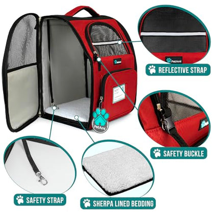 PetAmi Dog Backpack Carrier for Small Medium Dogs Large Cats up to 18 lbs, 2 Side Entry, Structured No-Collapse Frame, Airline Approved Ventilated Pet Backpack for Hiking Camping Travel Vet, Red - color: Red