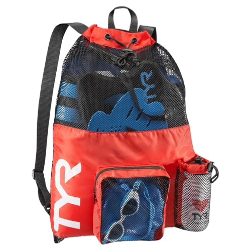 TYR Big Mesh Mummy Backpack for Wet Swimming, Gym, and Workout Gear, Red - color: Red