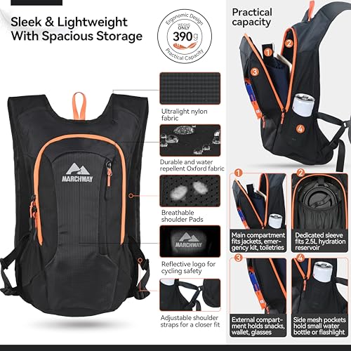 MARCHWAY Lightweight Hydration Backpack with Vest Style Straps & 2.5L TPU Water Bladder, Versatile Sleek Multi-Pocket Pack for Hiking, Cycling, Running, Backpacking, Travel - color: Black
