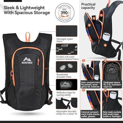 MARCHWAY Lightweight Hydration Backpack with Vest Style Straps & 2.5L TPU Water Bladder, Versatile Sleek Multi-Pocket Pack for Hiking, Cycling, Running, Backpacking, Travel - color: Black