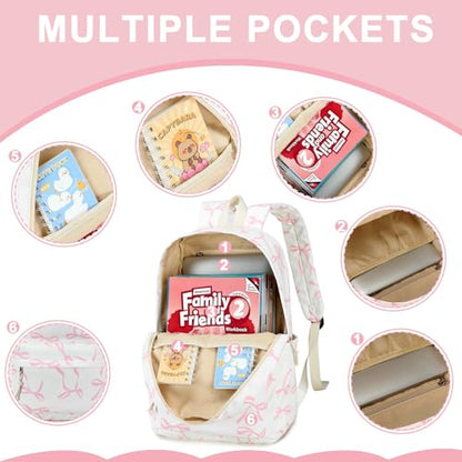Bluboon School Backpack for Teen Girls Women Laptop Backpack College Bookbags Middle School Travel Work Commuter Back Pack - color: Pink Bow With Beige Base