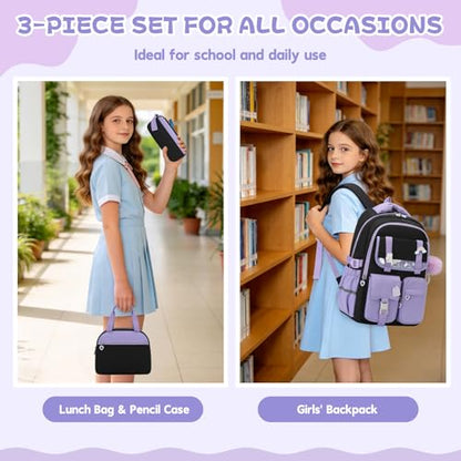 MUSEVOS Girls Backpack, Kids Backpack for Girls, School Bookbag for Teens Age 6-15, Large Capacity Water Resistant Backpack for Elementary to High School, Cute Travel Daypack, Black Purple 3pcs - color: Black Purple-3pcs