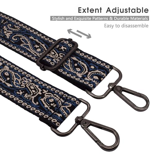 Replacement Purse Strap Shoulder Strap Adjustable Crossbody Strap for Women Crossbody Wide Shoulder Bag - color: Blue Paisley-Black Metal