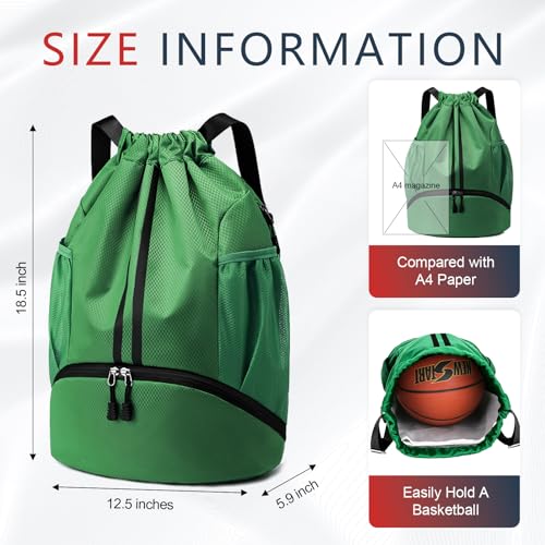 PinCute Drawstring Backpack for Women Men, Gym Bag for Soccer, Basketball, Swim, Beach, Water-Resistant Sports Backpack with Wet Pocket and Shoe Compartment, Dark Green - color: Dark Green