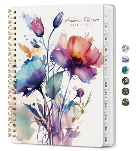 Planner 2026-2027, Academic Monthly and Weekly Calendar Planner for Women, July 2026 - June 2027, Hardcover Pretty Agenda Planner Book with Tabs, Spiral Daily Organizer for School Office Home Supplies, 8.5" x 11" - Painted Bloom - color: D-Painted Bloom,