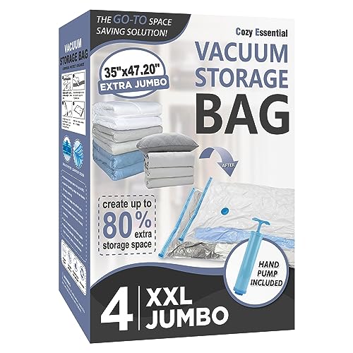 Cozy Essential Vacuum Storage Bags, 80% Compression Vacuum Seal Space Saver Plastic Packaging Bags for Clothes, Blankets, Pillow, Bedding, Comforters, Sealer Clothing Storage,4 XXL Jumbo - size: XXL Jumbo