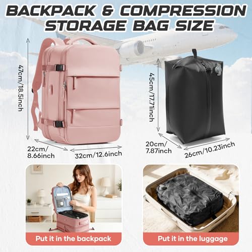 Travel Backpack with Compression Vacuum Storage Bag & Electric Pump, Expandable Flight Approved Carry On Backpack, 18x14x8 inches Personal Item Travel Bag for Men Women, Pink - color: Pink